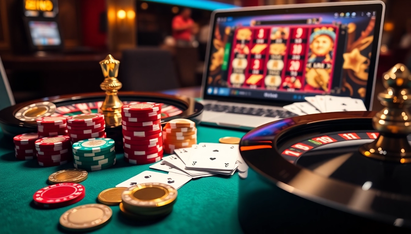 Cette scène de casino vibrante souligne les jeux d'argent en ligne avec casino en ligne argent réel France, mettant en vedette des jetons de poker et des machines à sous.