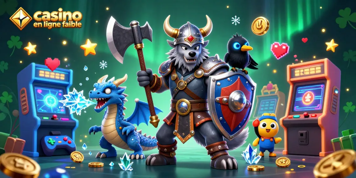 Jouez sur casino en ligne fiable avec un loup viking, un dragon et un corbeau dans un décor de jeux d'arcade.