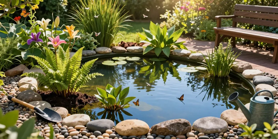 Pond plants flourishing in a serene garden pond with a gardener planting lilies, ferns, and decorative stones.