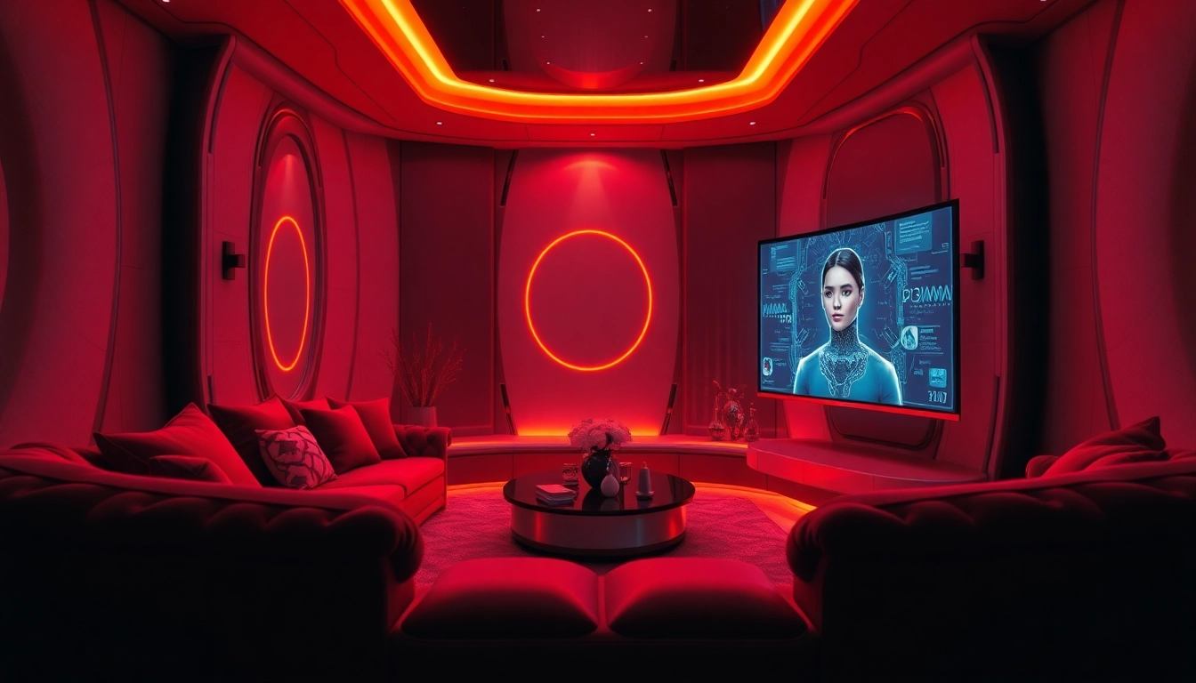 Immersive AI sex interaction in a luxurious modern setting, featuring a glowing AI character.