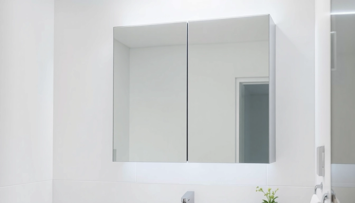 Showcase of mirrored bathroom cabinet with light reflecting ambiance in a modern bathroom.