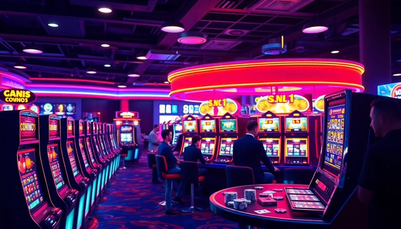 Menikmati slot pulsa 5000 dengan mesin slot berwarna-warni dan suasana kasino yang meriah.