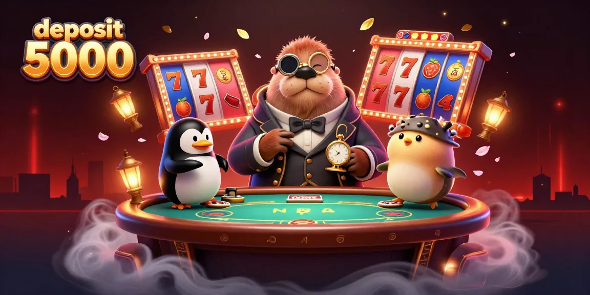 Experience thrilling gameplay with deposit 5000 at vibrant underwater casino with a walrus, penguin dealer, and pufferfish.