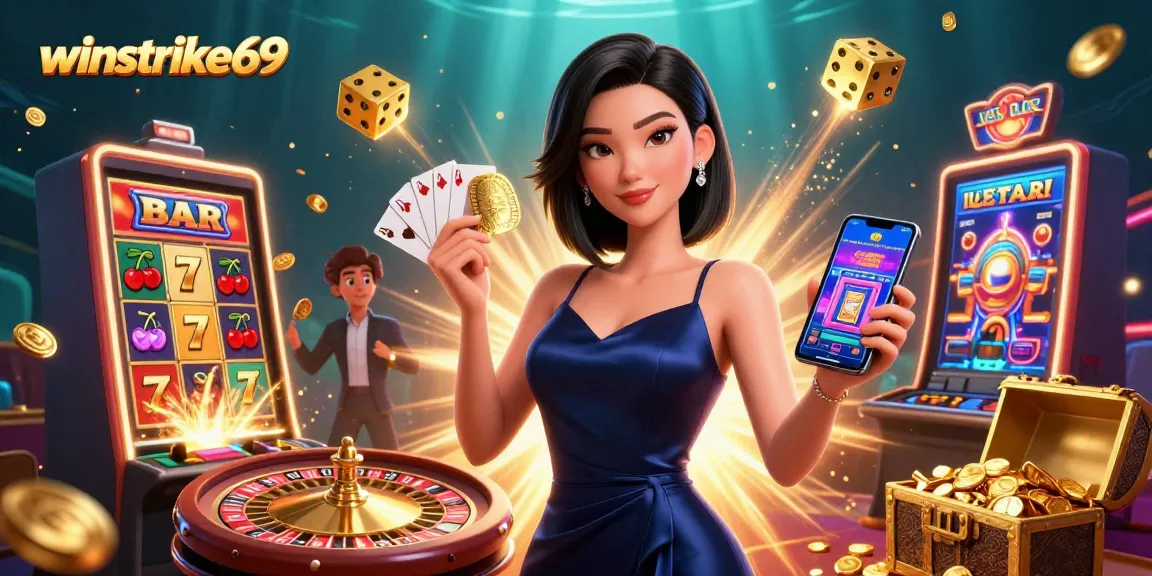 Engage in thrilling casino action with winstrike69, featuring a confident Asian woman showcasing a smartphone casino app.