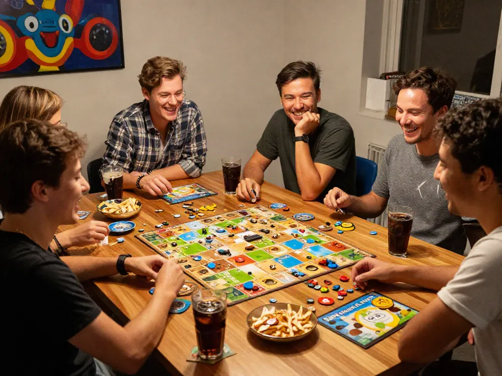 Group enjoying board games in a lively game room setting, highlighting togetherness and fun.
