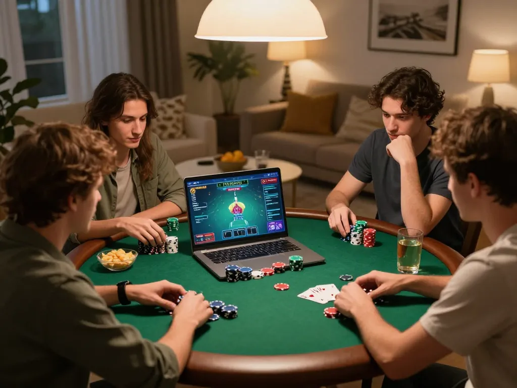 Friends engaged in poker online gaming around a table filled with chips and drinks.