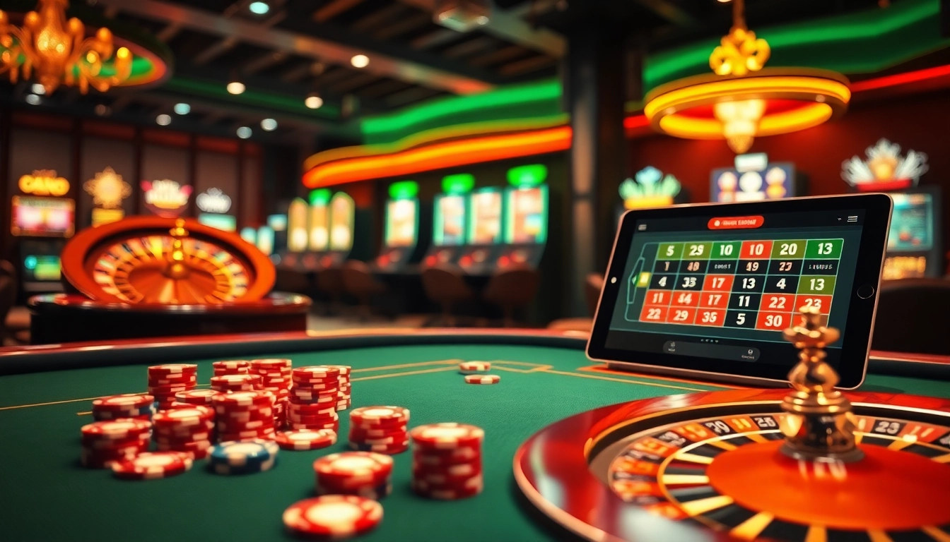 L'excitation du casino en ligne argent réel France prend vie avec des jetons de poker, de la roulette et des machines à sous dans un cadre luxueux.