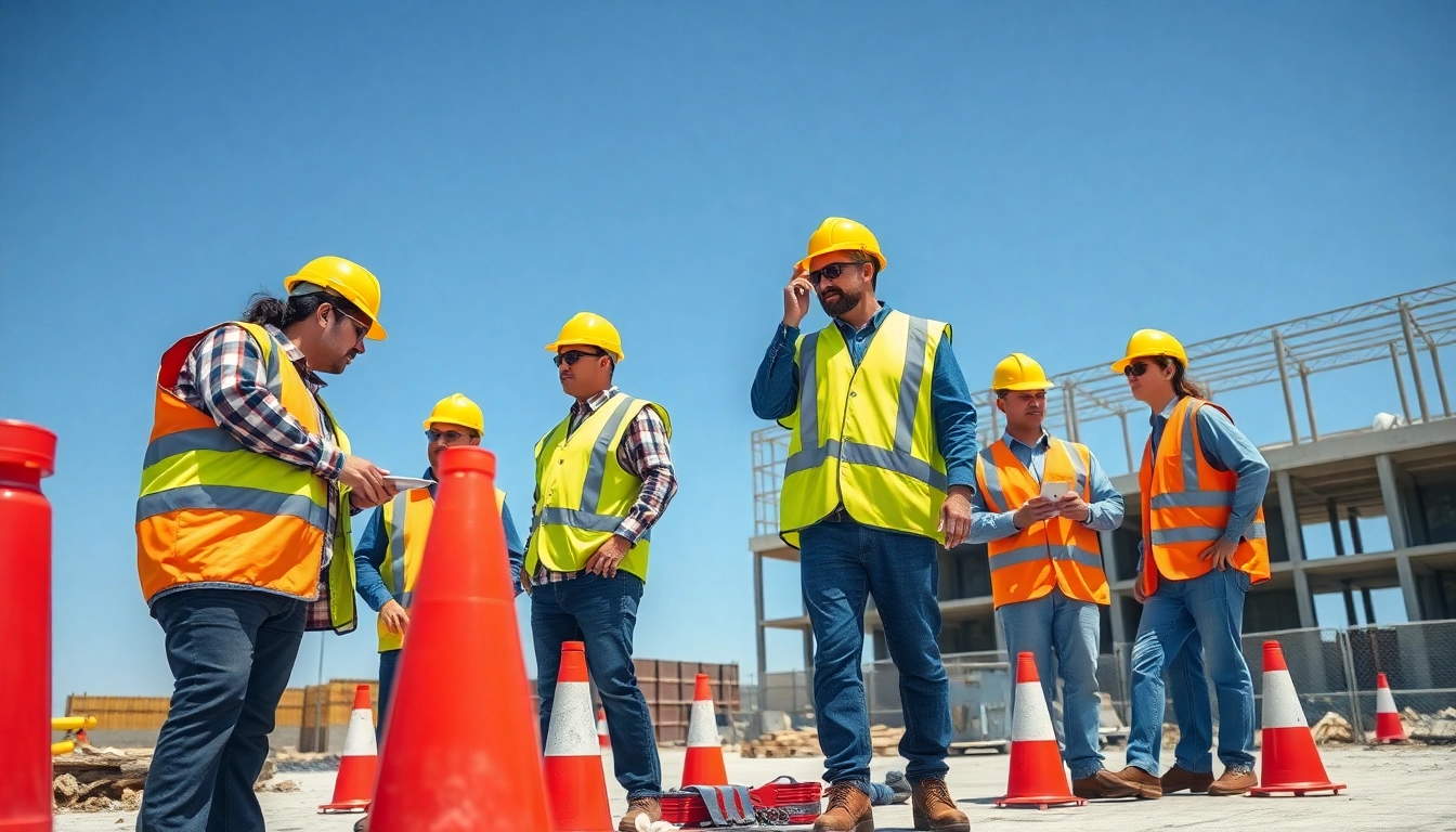 Implementing construction site safety measures with workers ensuring compliance.