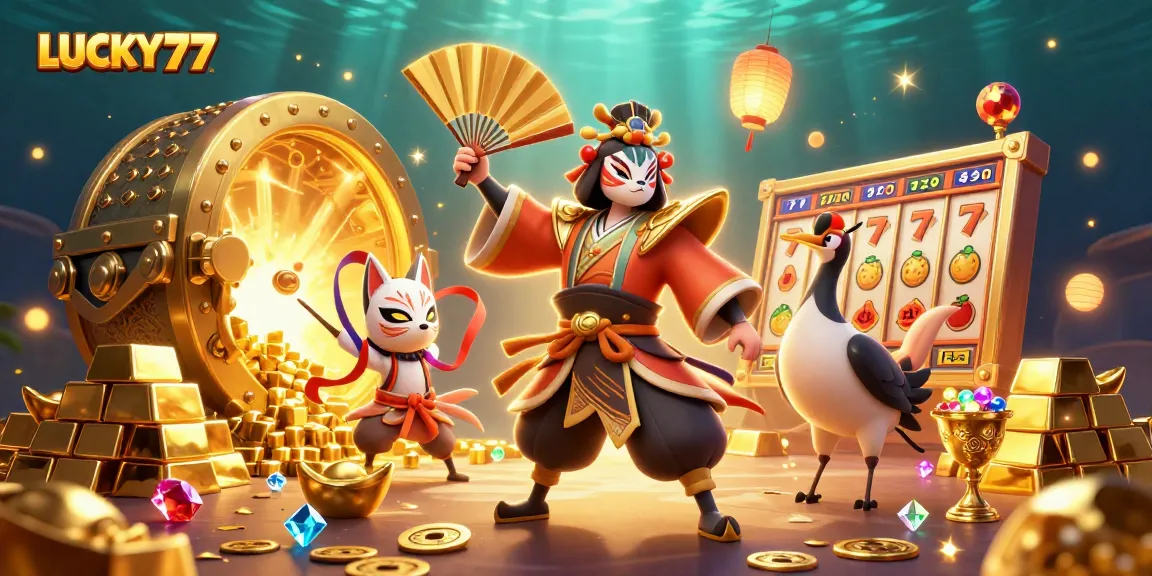 LUCKY77 showcases a dynamic scene with traditional characters, vibrant slot reels, and a treasure vault bursting with riches.