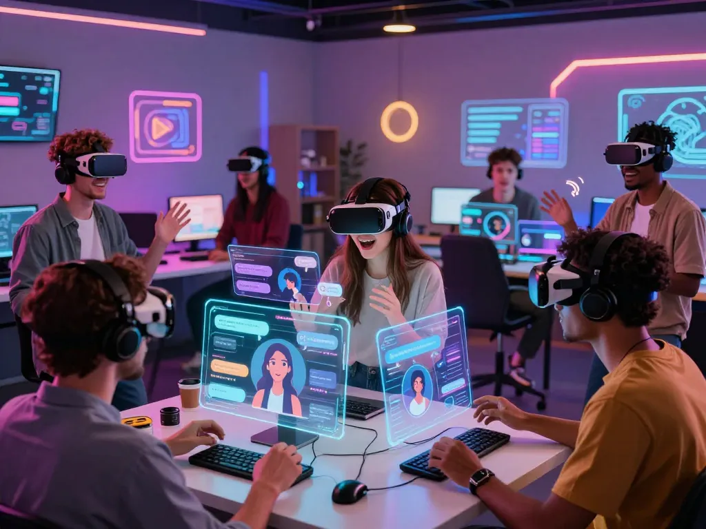 Engaging virtual reality scene showcasing diverse users interacting with AI chat porn technology.