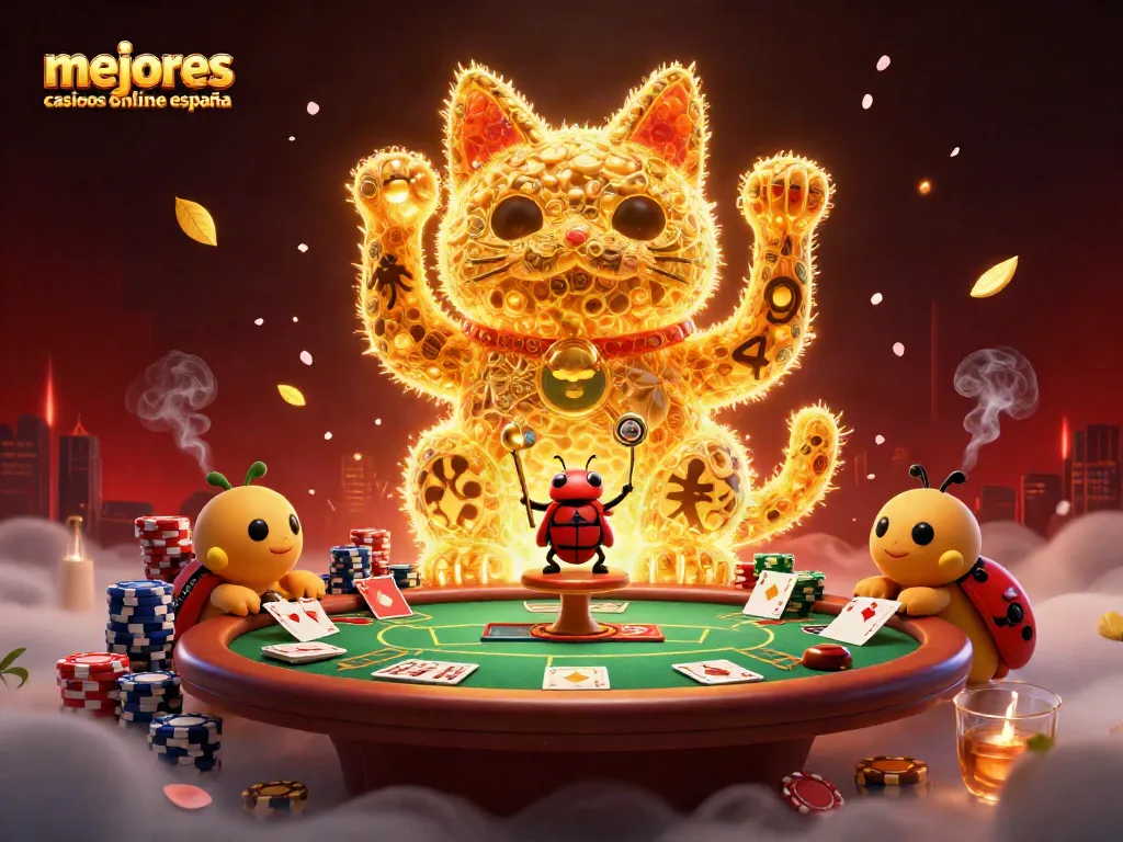 Ilustración de los mejores casinos online España, con un gato de la suerte y elementos de juego vibrantes.