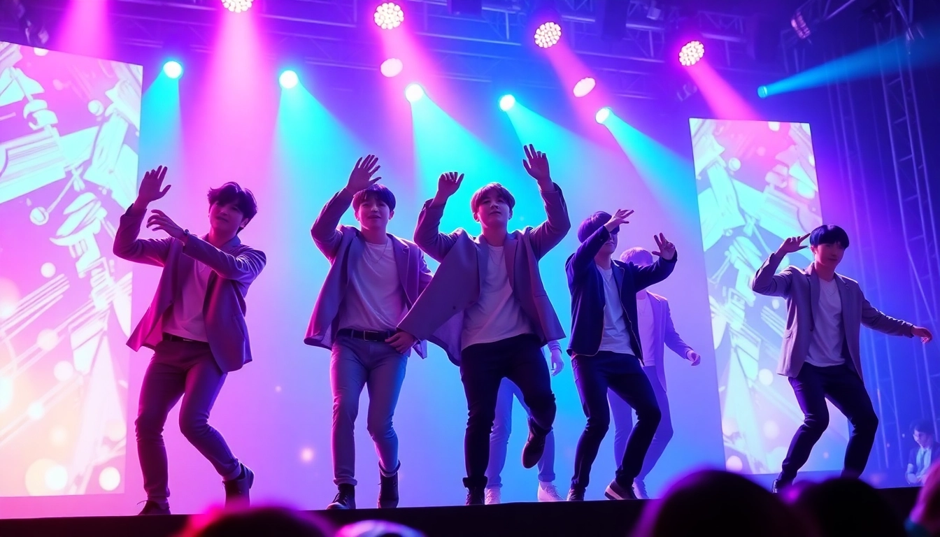 BTS news featuring energetic live performance lights and vibrant atmosphere on stage.