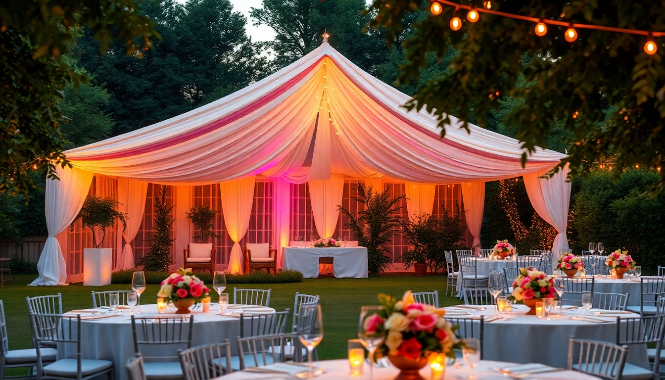 Elegant Party Tent Rentals in a lush garden, beautifully decorated for events.