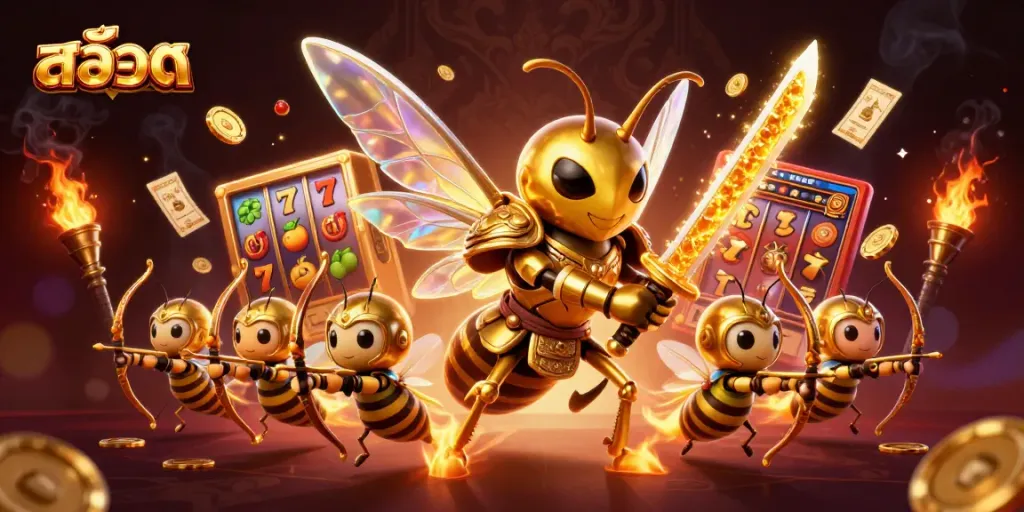 Experience the thrill of สล็อต games with vibrant slot reels, lucky symbols, and golden trophies.