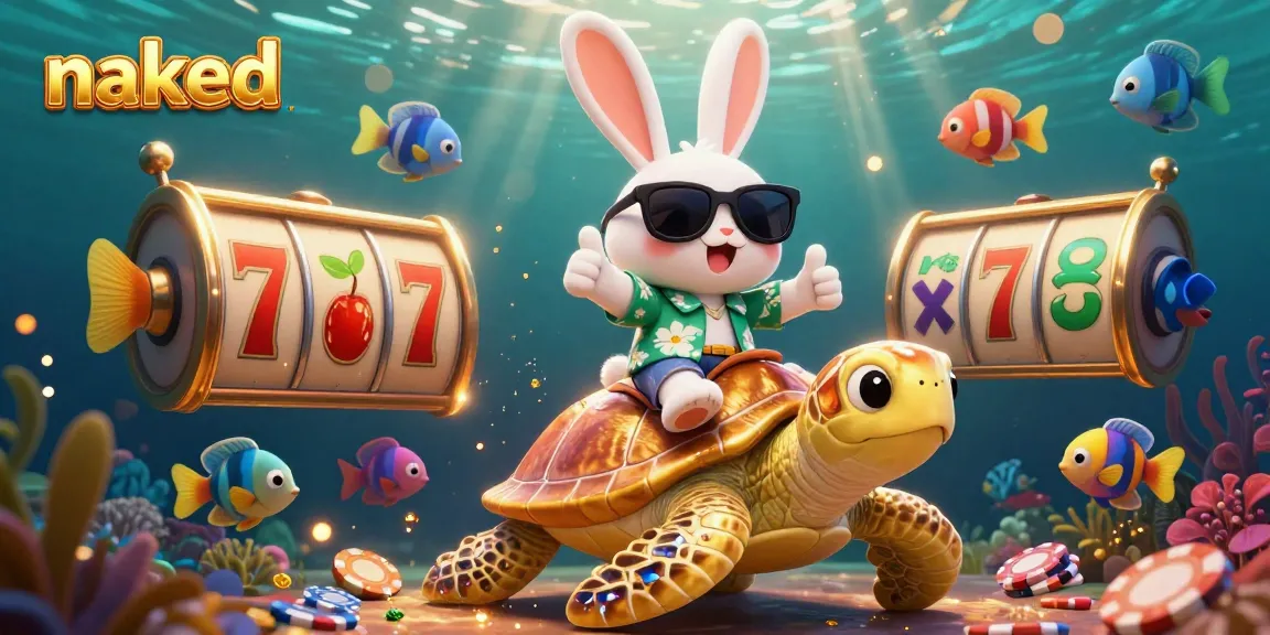 A vibrant casino illustration featuring a lucky rabbit and golden sea turtle, showcasing the naked excitement of jackpot winnings.