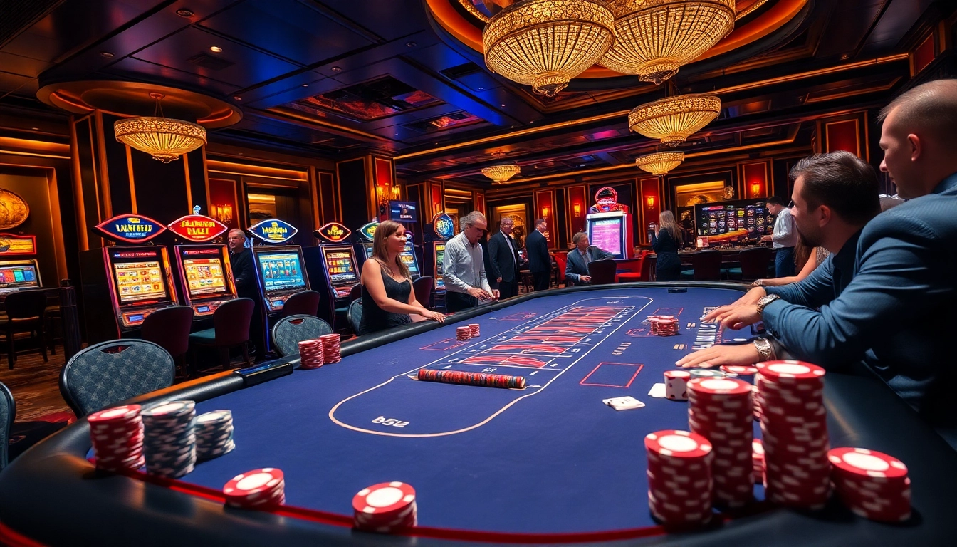 Experience thrilling games at b52club with poker chips, vibrant slot machines, and engaging players.