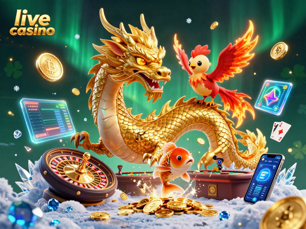 Experience thrilling live casino moments with a vibrant 3D scene of iconic gaming elements.