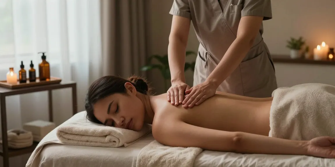 Massage therapist providing a soothing 스웨디시 마사지 in a tranquil spa setting with calming decor.