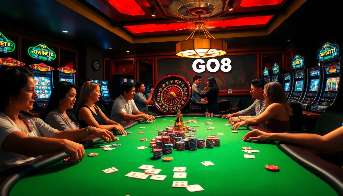 Players engage with GO8's thrilling casino games at a vibrant, upscale table.