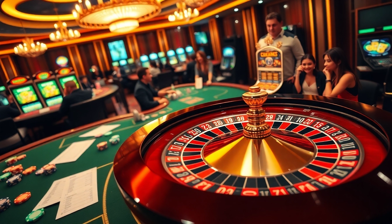 Scène passionnante d'un site de casino en ligne avec des jetons de poker et une roue de roulette vibrante.