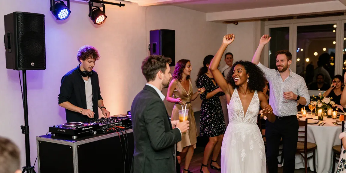 Dynamic scene of a hochzeit DJ berlin brandenburg entertaining wedding guests on the dance floor.