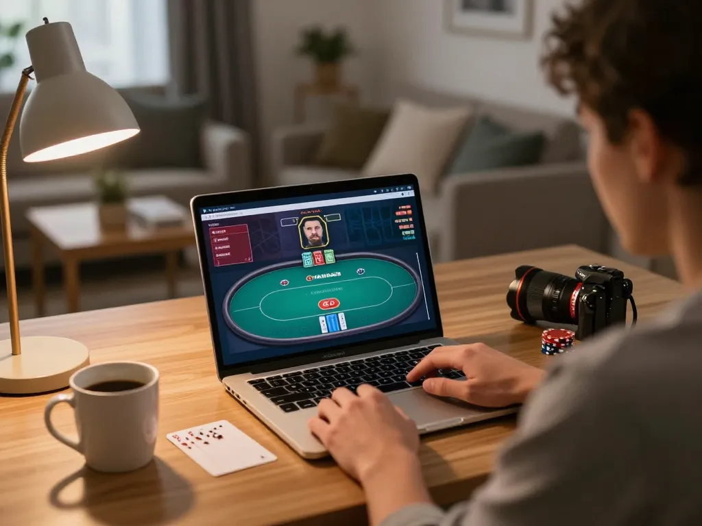 Engaging with FUN79 com through online poker gameplay at home, showcasing strategy and cozy atmosphere