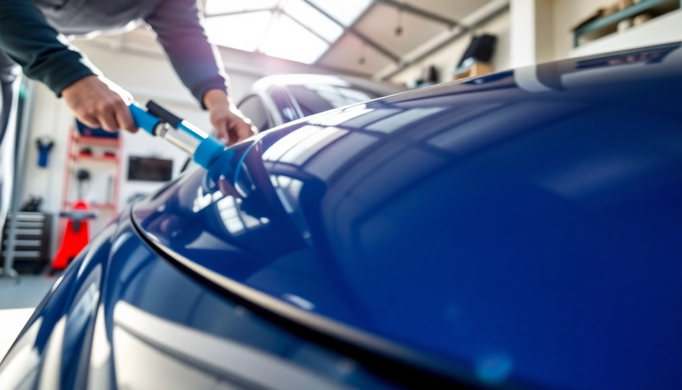 Expert applying salt protection ceramic coating to a sleek car in a well-lit garage.