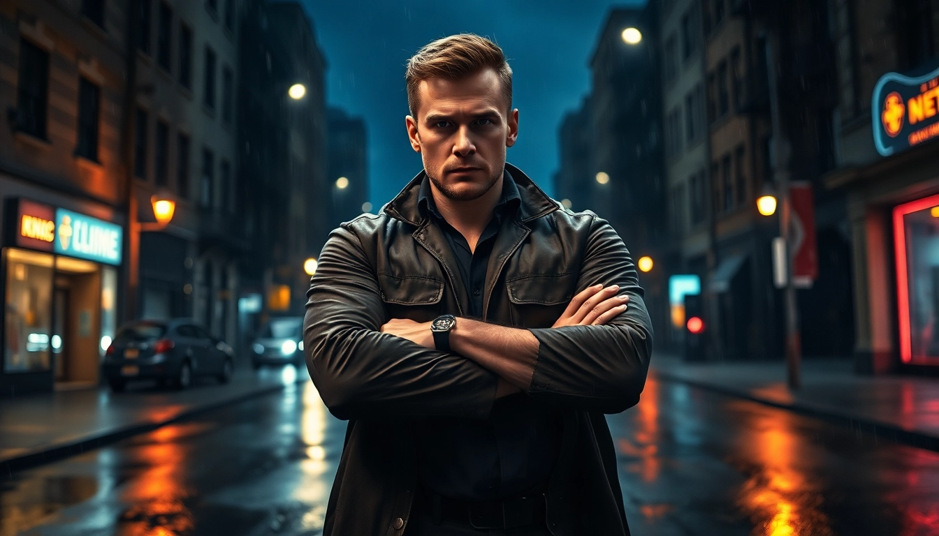 Detective contemplating in a gritty setting, evoking themes Like Jack Reacher.