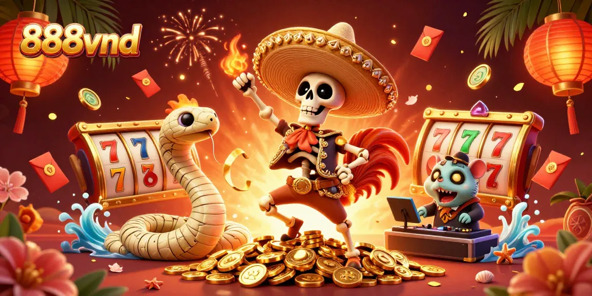 Experience winning excitement at 888vnd with vibrant 3D characters, coins, and slot elements.
