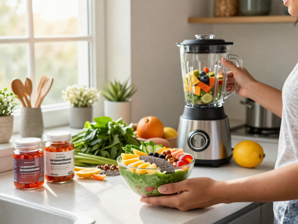 Healthy kitchen scene with vegan astaxanthin smoothie bowl and fresh fruits.