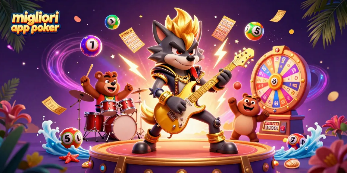 Scopri le migliori app poker mentre il lupo rock star suona sul palco, circondato da palline colorate e premi scintillanti.