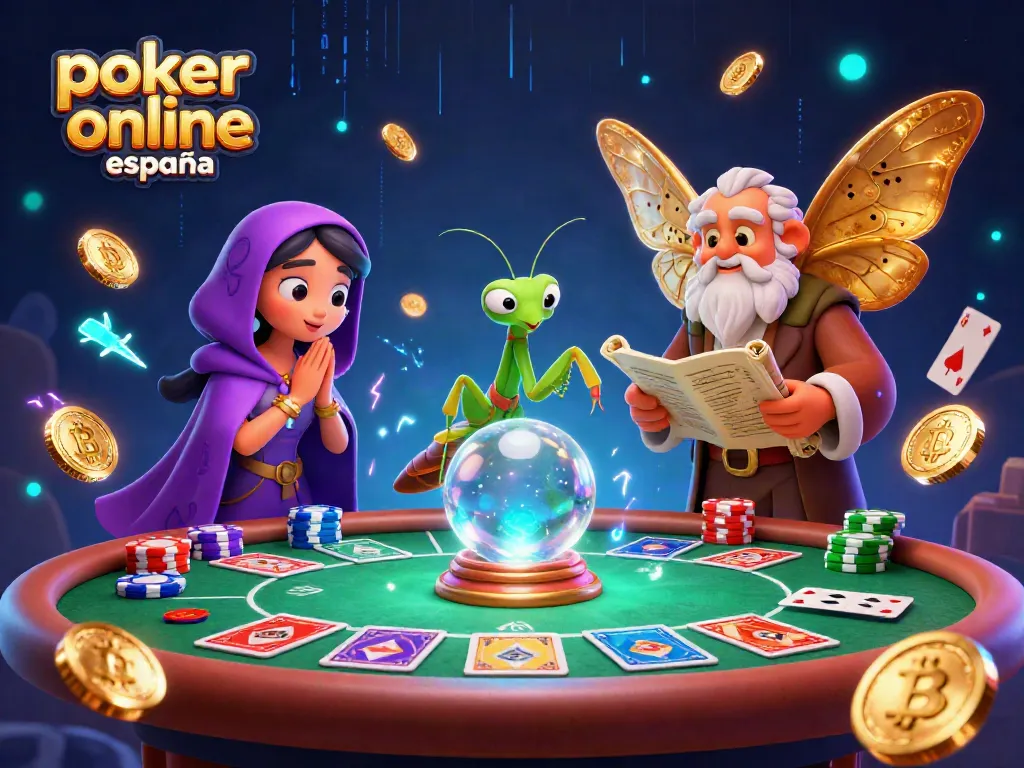 Disfruta del póker online en España con una mesa y personajes animados que muestran emoción y estrategia.