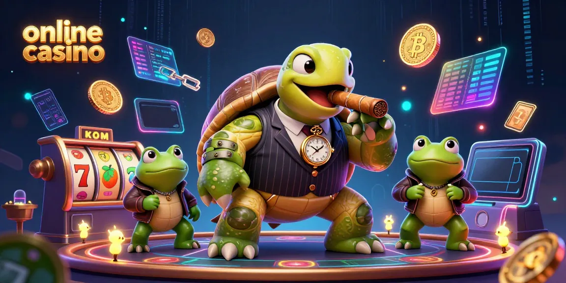 Engage with the vibrant online casino scene showcasing a turtle mobster and bullfrog enforcers amidst thrilling gaming symbols.