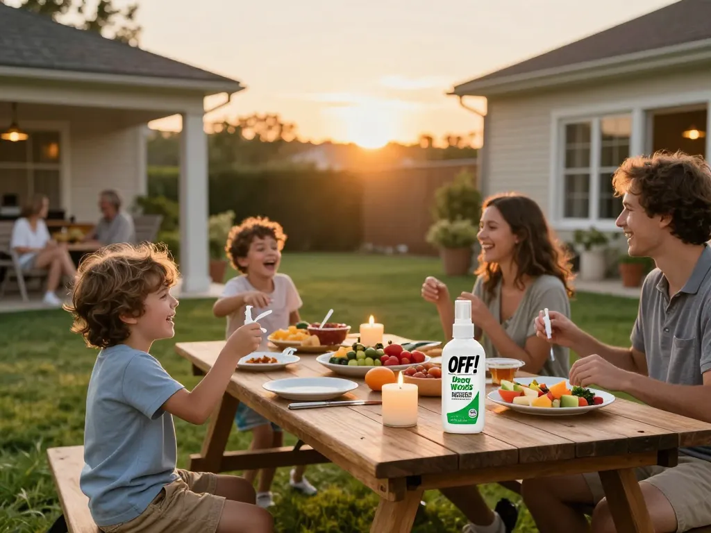 Family enjoying outdoor barbecue with mosquito repellent on table for effective protection.