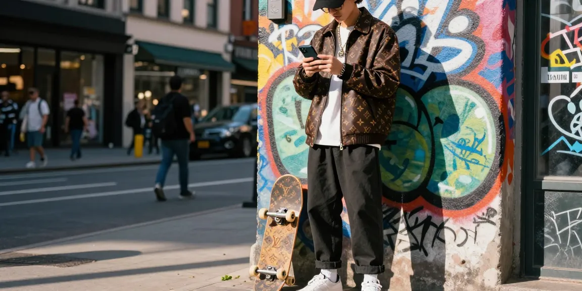 Fashionable individual showcasing a 레플리카 outfit in a vibrant urban setting with graffiti.