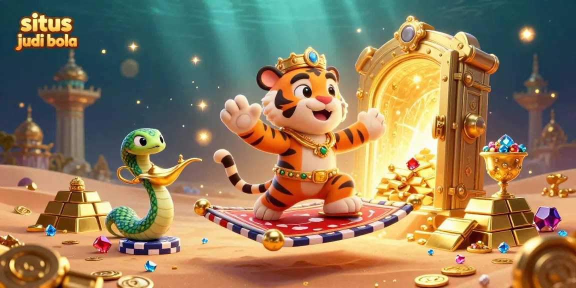 Engage in situs judi bola with a vibrant scene featuring a cartoon tiger sultan on a poker chip carpet amidst treasures.