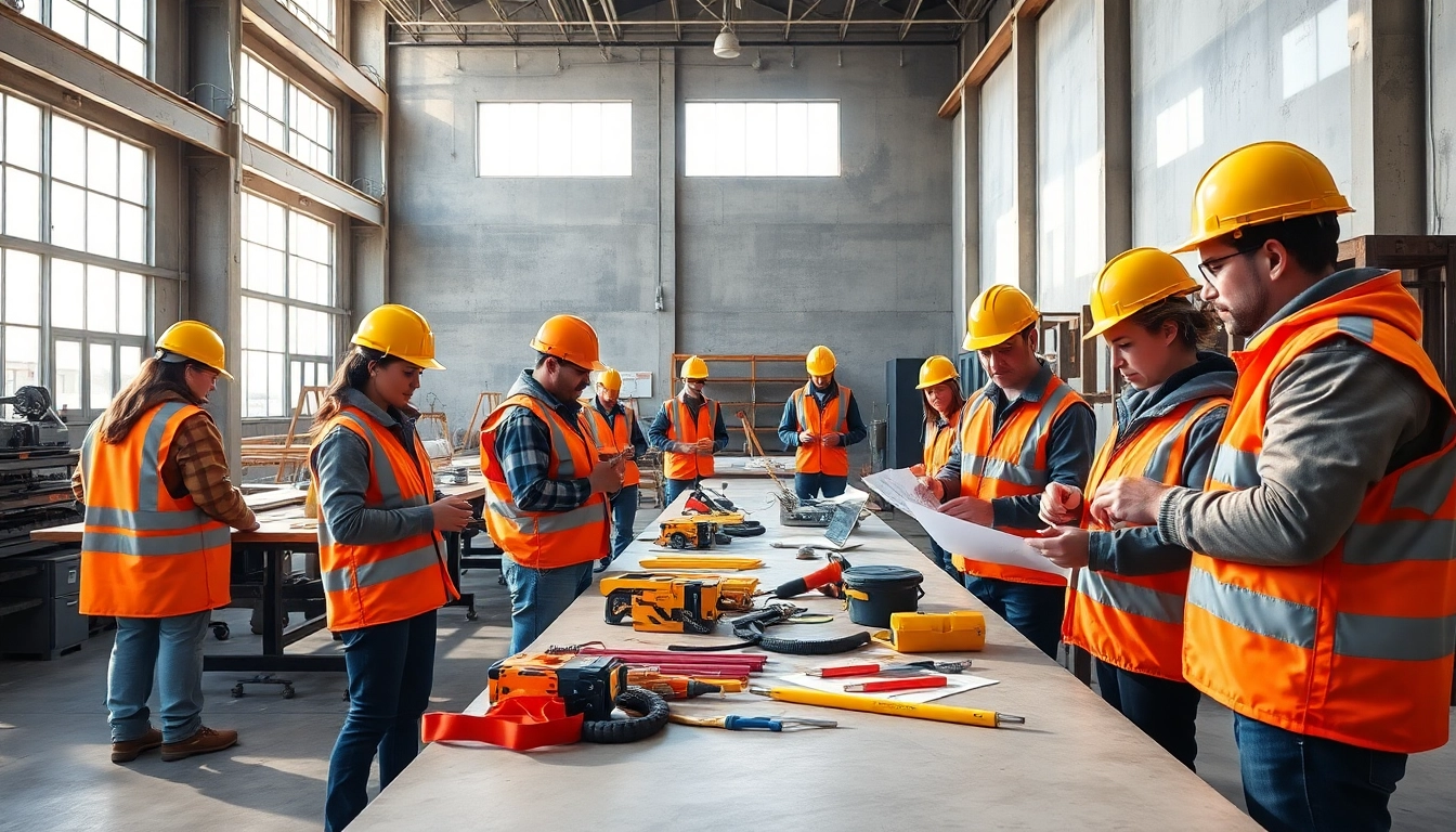 Engaged participants in construction training programs practicing skills together.