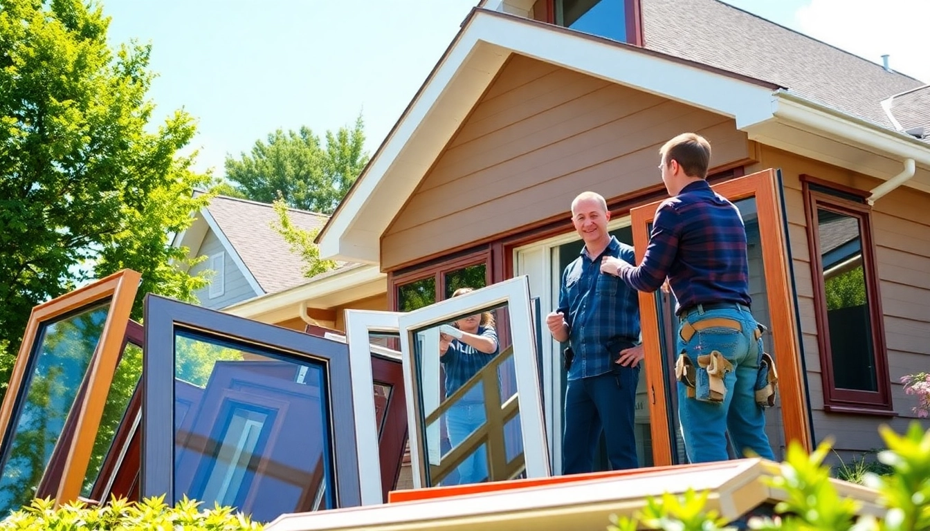 Window installation by a professional team showcasing various window types in a sunny neighborhood.
