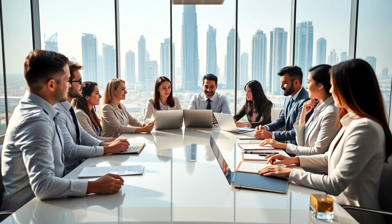 Business Consultants in Dubai strategizing with clients in a modern office setting.