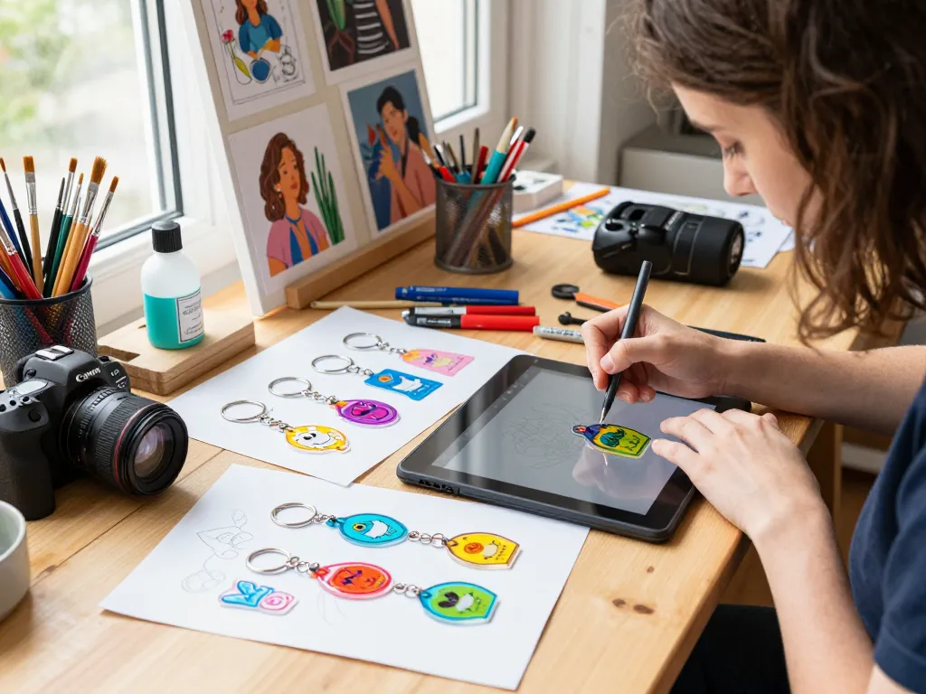 Artist designing unique acrylic charms in a bright studio filled with colors and tools.