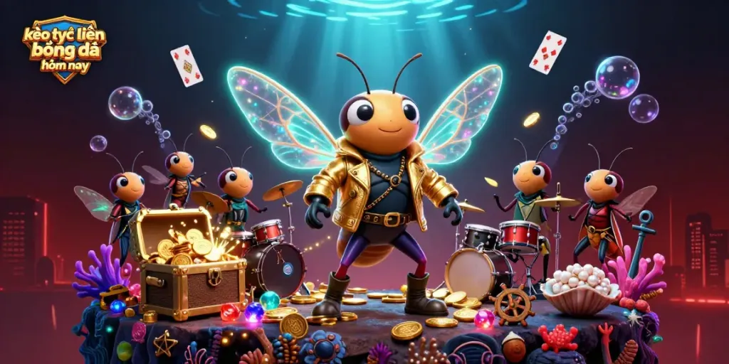 Kèo trực tuyến bóng đá hôm nay với rock star 3D và các yếu tố sòng bạc đầy màu sắc.