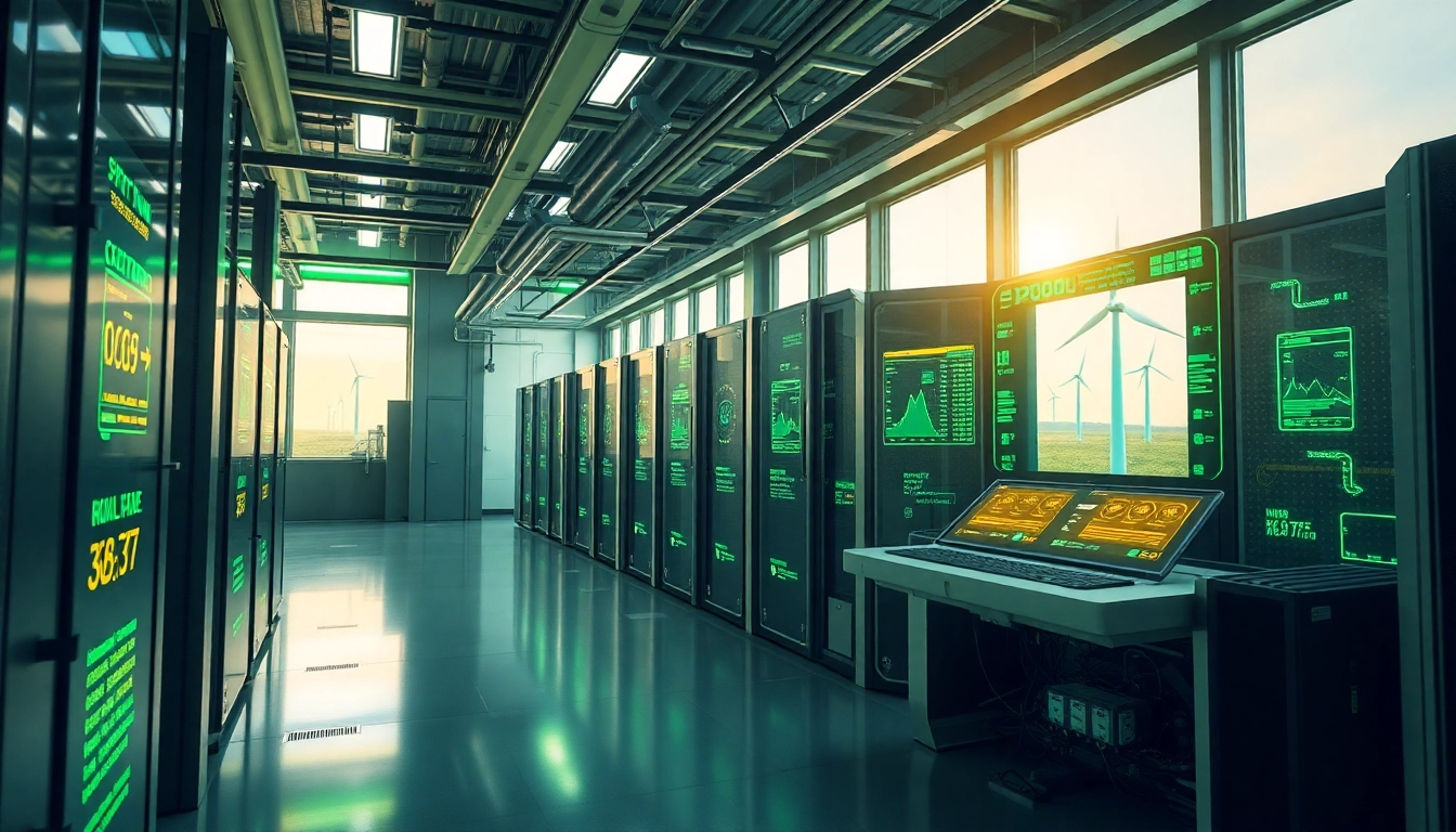 Futuristic cryptocurrency mining facility showcasing dogecoin cloud mining profit with renewable energy.