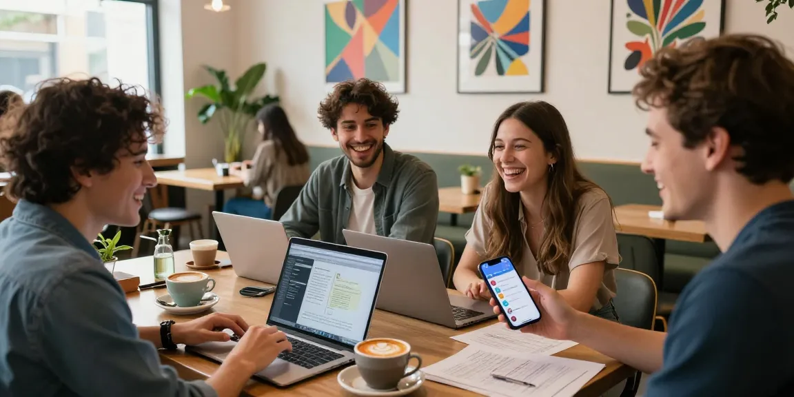 Friends happily connecting over coffee, showcasing 'crush on' notifications on a phone in a cozy café.