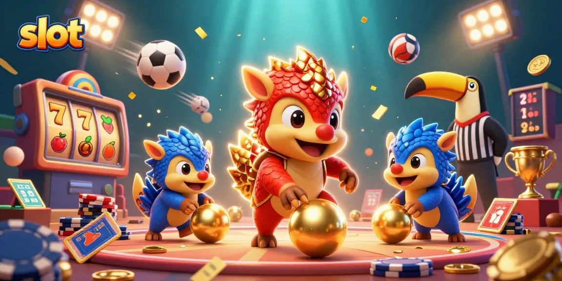 Engage in thrilling slot action with vibrant pangolins rolling through golden balls in a dynamic casino scene.