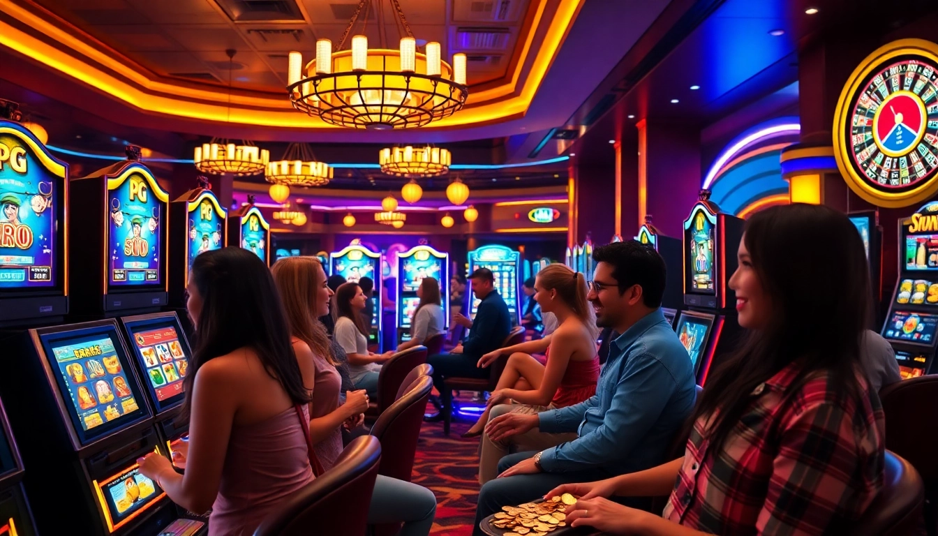 Players enjoying thrilling PG slot games at a vibrant casino with colorful lights.
