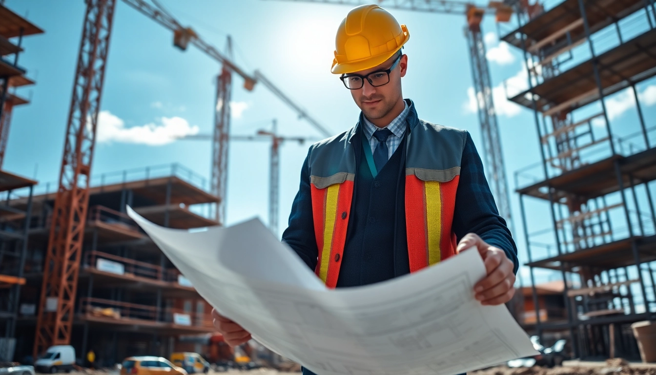 Construction developer reviewing blueprints at a construction site with cranes and scaffolding.