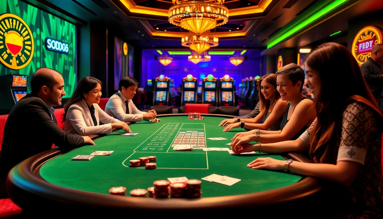 SODO66 gaming atmosphere with vibrant tables, chips, and excited players enjoying a casino experience.
