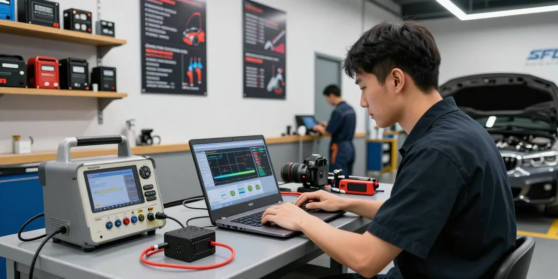 Chiptuning Hannover: Mechaniker bei der Arbeit an einem BMW mit modernem Tuning-Equipment in einer professionellen Werkstatt.