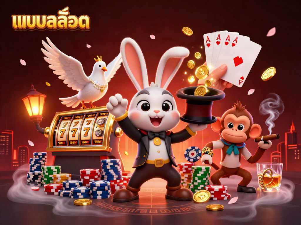 Experience แบบสล็อต with a magician rabbit, dove, and monkey amidst dynamic gaming elements.