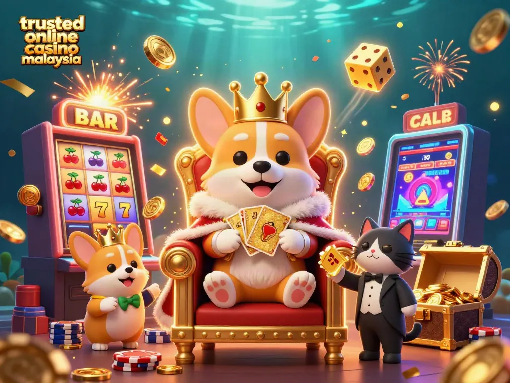 Experience the thrill of trusted online casino Malaysia with playful corgis and casino elements.